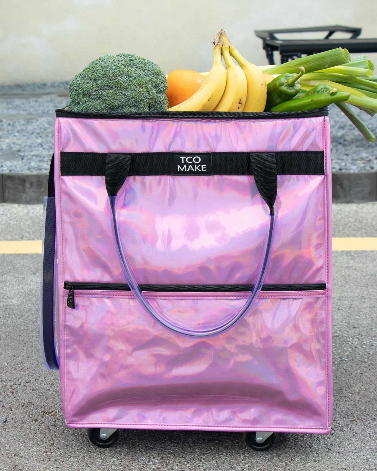 Reusable Grocery Bag on Wheels, Shopping Bags with Wheels and Handle, Folding Rolling Tote Trolley, Zipper Cover, Carries Up to 46 LBS, Waterproof (Medium, Phantom Pink)