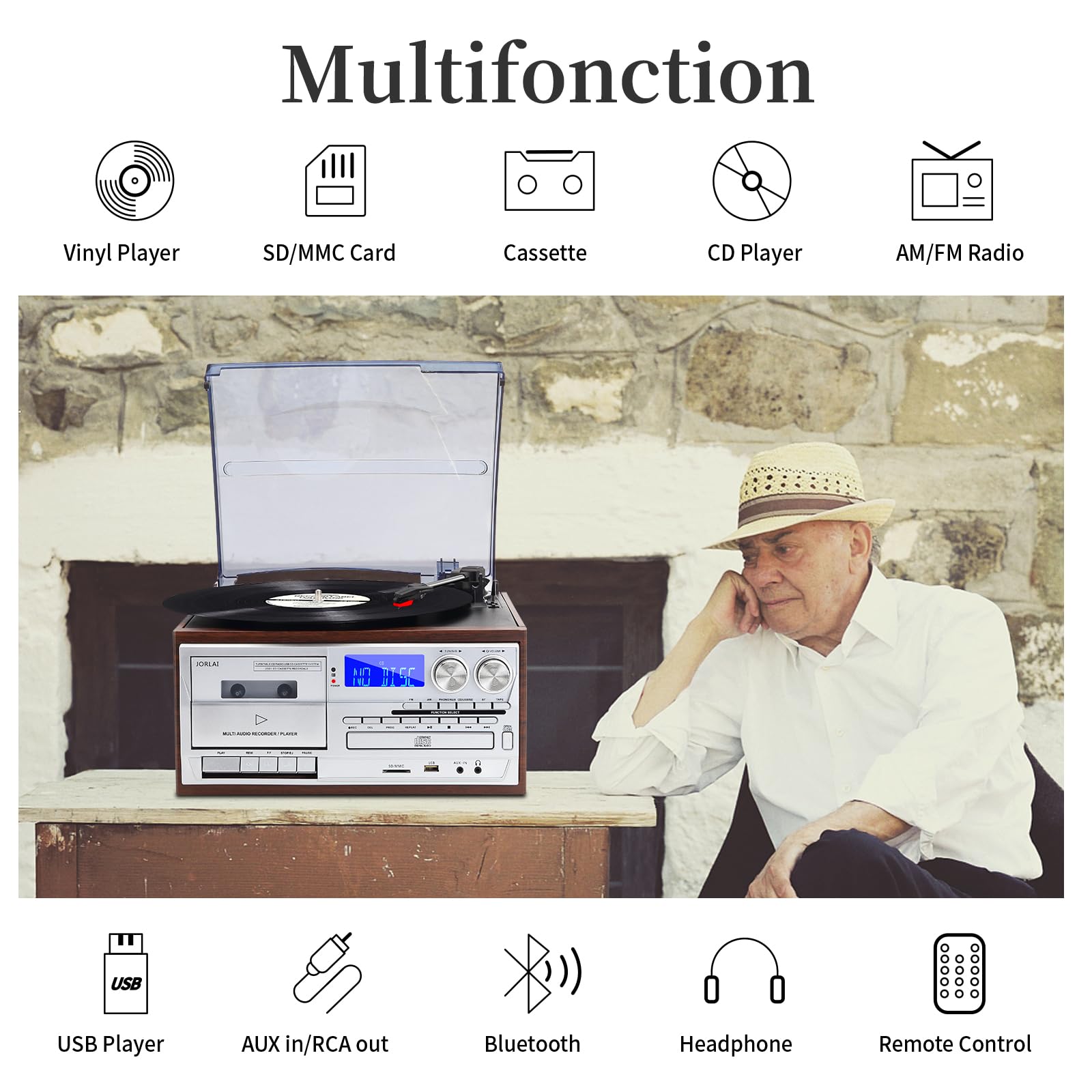 9-in-1 Platine Vinyle 3 Vitesses Bluetooth avec Prise Audio 3,5 mm, Vinyle Phono avec Haut-parleurs stéréo intégrés/Piles, CD/Cassette, Radio AM/FM, USB/SD, Marron
