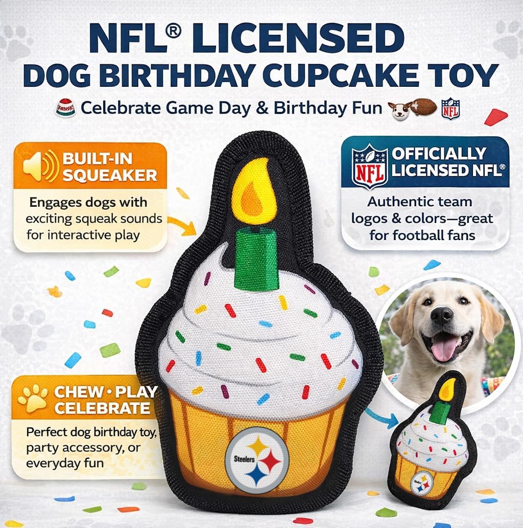 Pets First NFL Pittsburgh Steelers Pet Birthday Cupcake Squeaker Toy - NFL Dog Birthday Party Set and Costume, Licensed Football Team Dog & Cat Birthday Cupcake Toys, Durable Toy for Puppies image 5
