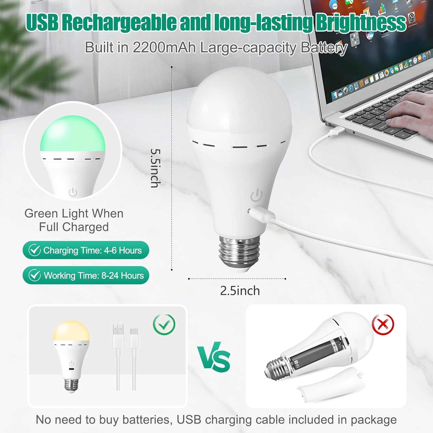 Bailoch Wireless Rechargeable Light Bulbs with Remote, 1Pack LED Cordless Battery Operated Light Bulbs for Lamps, E26 Battery Powered Magic Light Bulb with 300LM, 3 Color, Dimmable for Non-Hardwired image 2