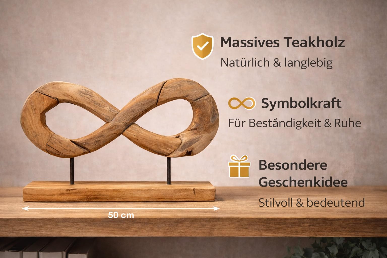 formano Unendlichkeit Deko Objekt Teakholz Massives Holz-Design auf Sockel 50 cm Zeitlose Skulptur für Wohnzimmer, Regal & Sideboard, natürlich & modern
