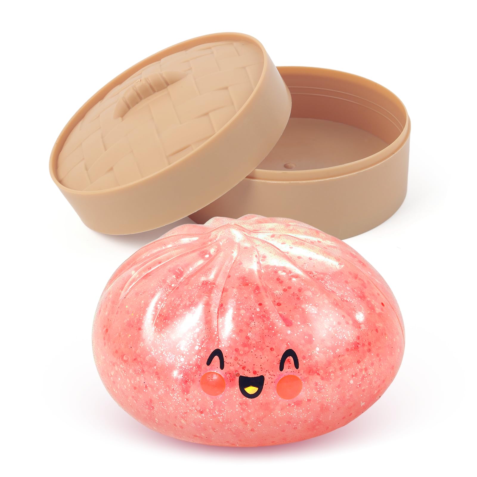 Glitter Dumpling Squishy with Steamer, Squishy Dumplings Sensory Fidget Toy, Squeeze Toys for Relaxation (Red)