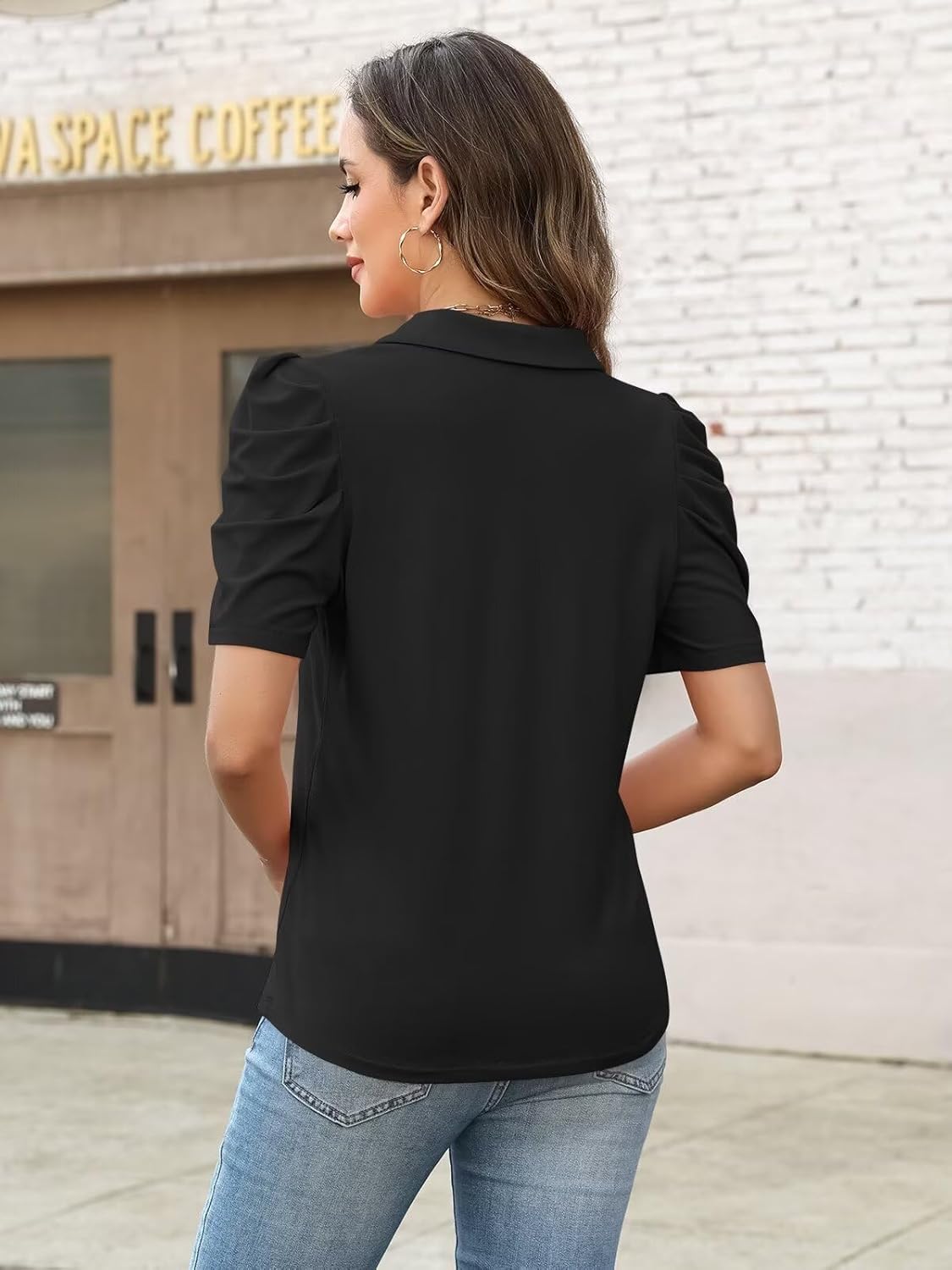 Women's Puff Short Sleeve Tops V Neck Polo Shirts Casual Summer Blouses Fashion Trendy 2026 Clothing - Image 4