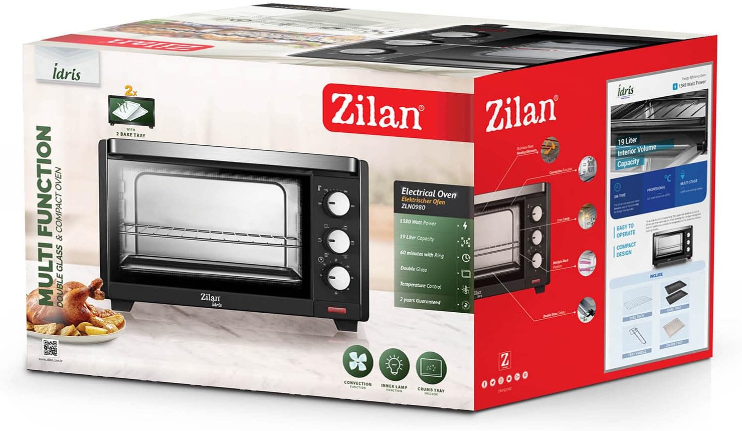 zilan z şekil Zilan, Forno elettrico a convezione, con lampada interna, doppia protezione in vetro, 19 litri zilan z şekil Zilan, Forno elettrico a convezione, con lampada interna, doppia protezione in vetro, 19 litri