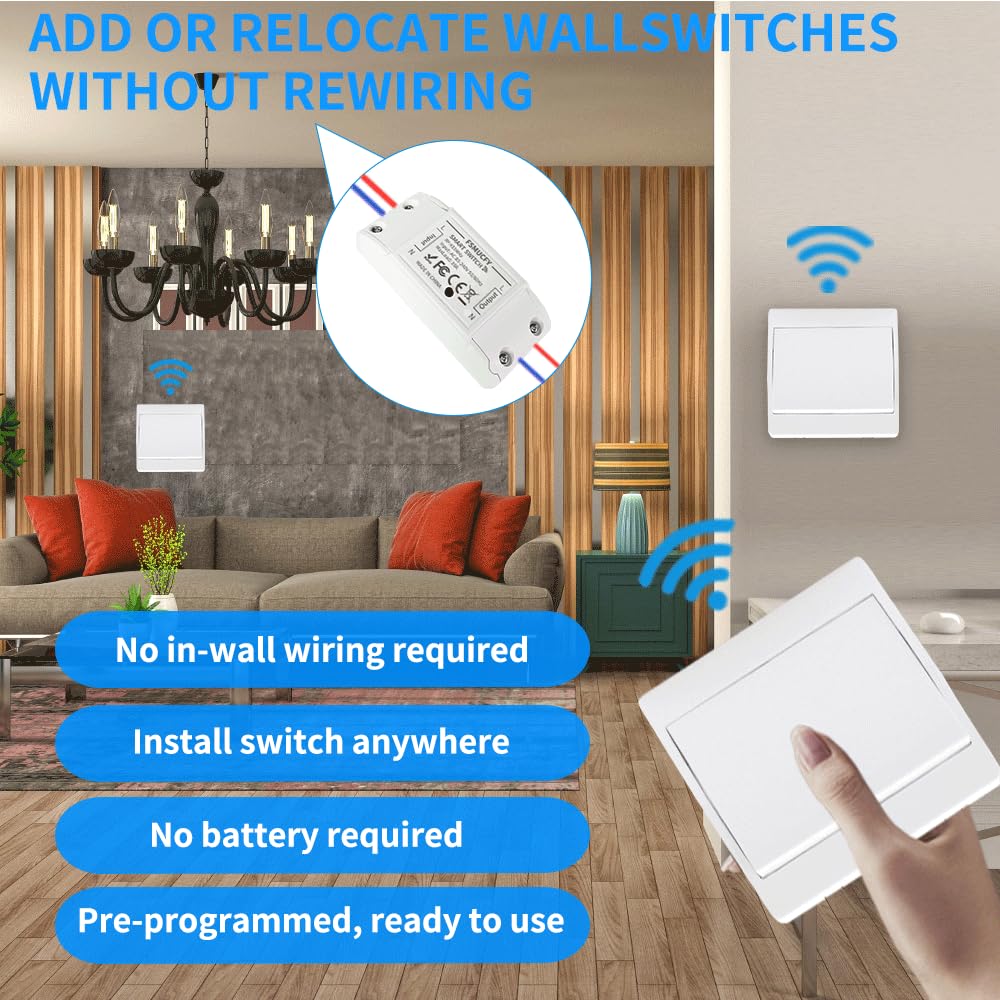 Kit interruptor inalámbrico de 230 V con receptor, interruptor cinético sin pilas ni perforación, mando a distancia autoalimentado y estable para garaje, jardín, luminaria interior (EU 1