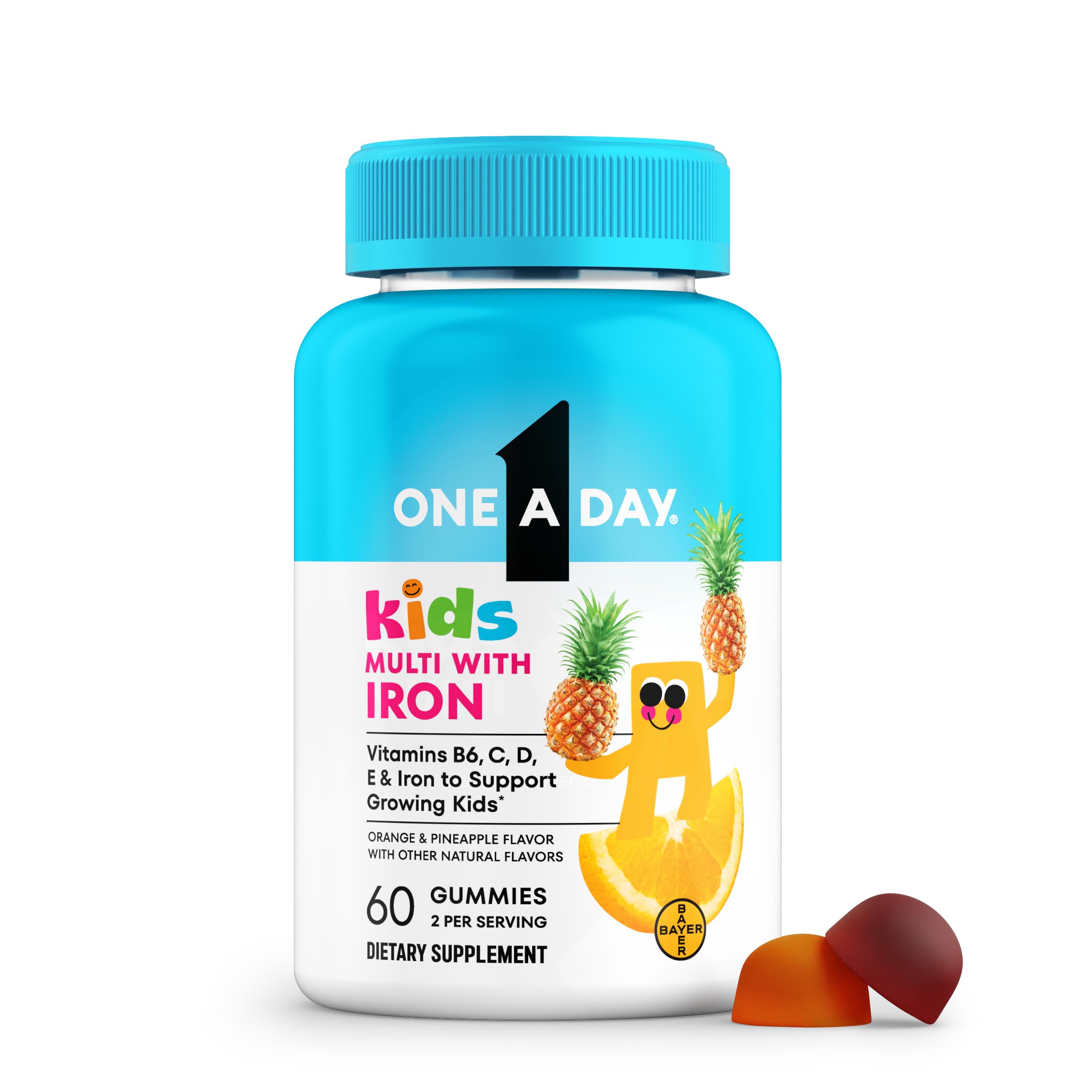 One A Day Kids Multivitamin with Iron Gummy, Vitamin D, Vitamin C, E, Zinc for Immune Support, Gummy Vitamins, Kids Multivitamin Gummies with Iron, Orange & Pineapple Flavor, 60 Ct(Packaging May Vary)