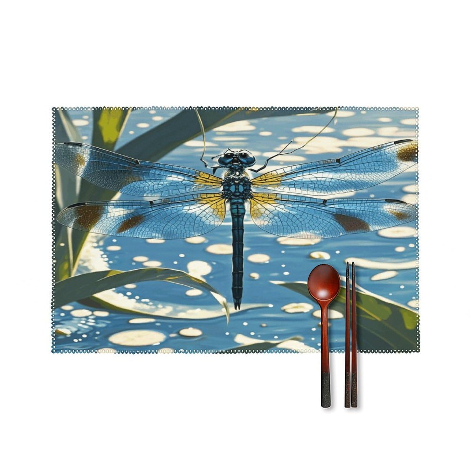 Blue Dragonfly Placemats Set of 6 Non-Slip Stain Resistant Indoor Outdoor Table Mat Washable Cloth Place Mat Fashion Kitchen Placemat for Dining Table Decoration 17.7x11.8 in