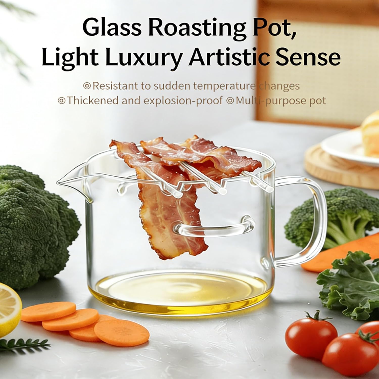 Glass Microwave Bacon Cooker for Microwave Oven, Multifunctional Glass Bacon Cooker, Cooking Pot for Home Cooking, Picnics, and Barbecues, Easy Clean, Heat Resistant, Non-Stick Oil