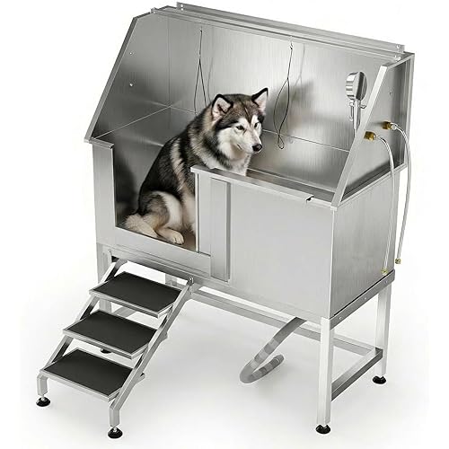 Garvee 50" Stainless Steel Heavy Duty Dog Washing Station - Anti-Slip Pet Bathing Tub with Non-Slip Stairs, Professional Grooming Tub for Large/Medium/Small Dogs