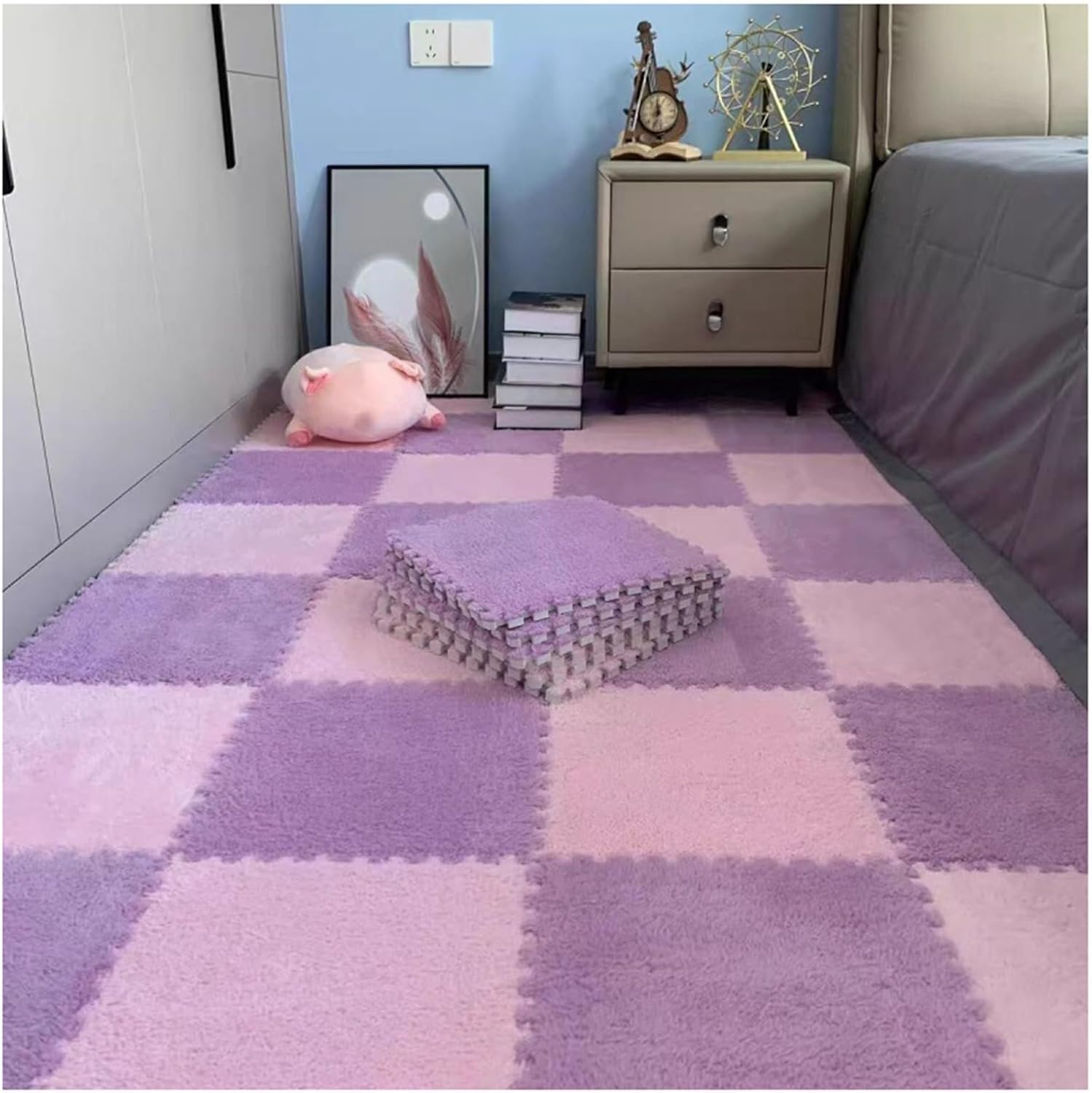 60 PCS - Plush Foam Floor Mats, 0.4" Thick Fluffy Square Interlocking Foam Carpet Tiles, Puzzle Mat for Floor Protection, Area Rugs with Border(Light Purple+Pink)