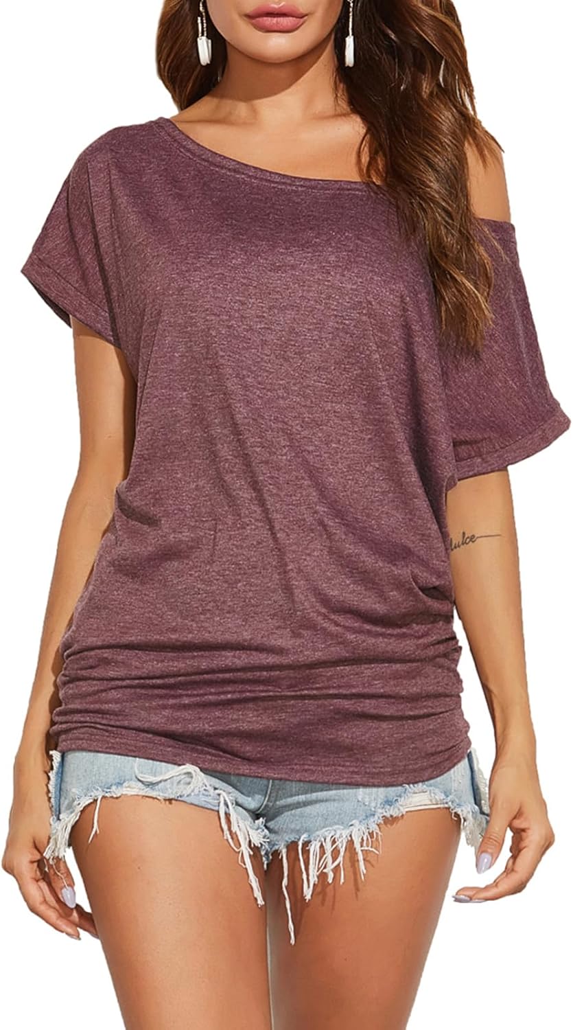 Poetsky Women's Summer Off Shoulder Shirts Casual Loose Short Sleeve Tunics Tops