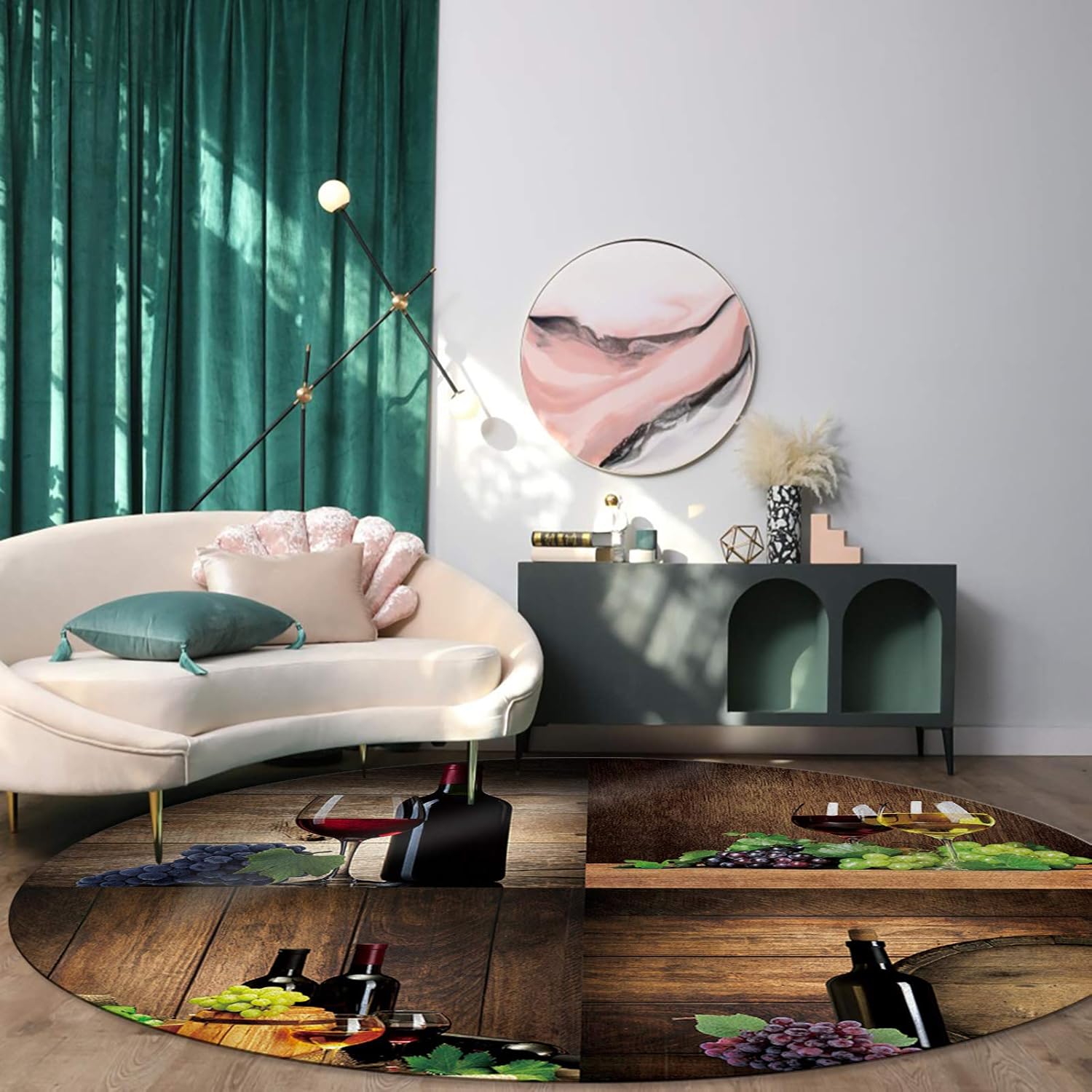 Round Area Rugs Collection 5', Vintage Brown Wooden Board Non Slip Indoor Circular Throw Runner Rug Floor Mat Carpet for Living Room Dining Table Bedroom Nursery Decor Grape Wine