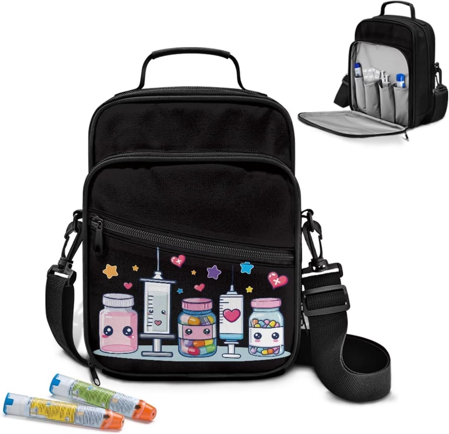 Black Diabetic Supplies Bag for Glucose Meter Medication Portable Insulin Pen Travel Cases with Shoulder Strap Diabetes Storage Bag Organizer Case for Women Men