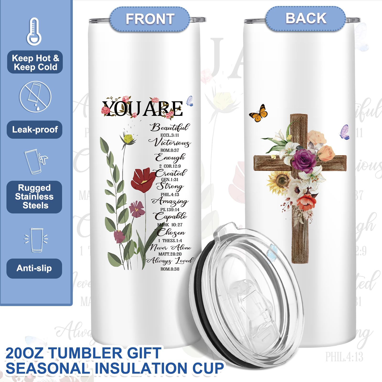 Silkfly 3 Pcs Christian Inspirational Gifts Set for Women Mothers Day Birthday Gifts Stainless Steel Tumbler Canvas Tote Bag for Friend Family Coworker