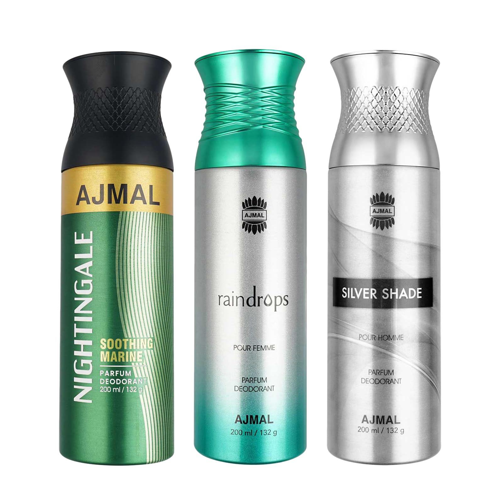 Ajmal 1 Nightingale for Men & Women, 1 Raindrops Femme for Women and 1 Silver Shade for Men Deodorants each 200ML Combo pack of 3 (Total 600ML)-image-36