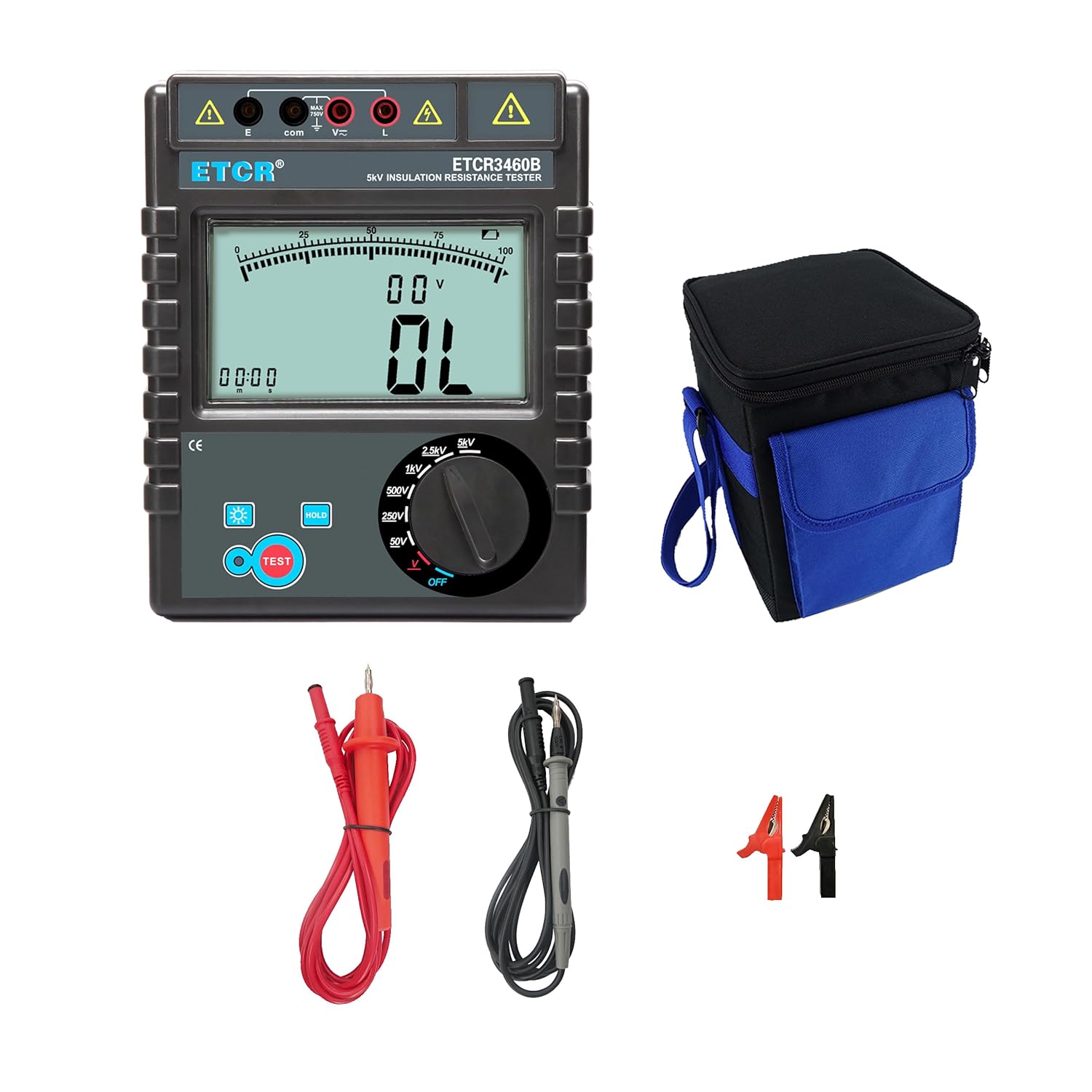 ET3460B Insulation Resistance Meter Tester Megohm Meter Tester Rated Voltage 50V 250V 500V 1000V 2500V 5000V Insulation Resistance Range 0.1MΩ-400GΩ Voltage Test AC/DC 0-750V