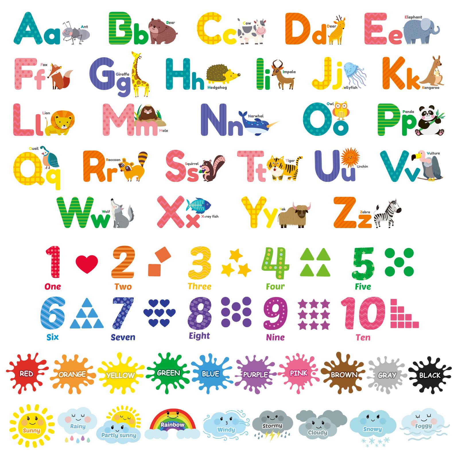 Decowall Animal Abc Ds12-8070 Animal Alphabet Numbers Colour Weather Kids Wall Stickers Learning Abc 123 Decals Removable For Bedroom Classroom Nursery Educational Décor Decorations