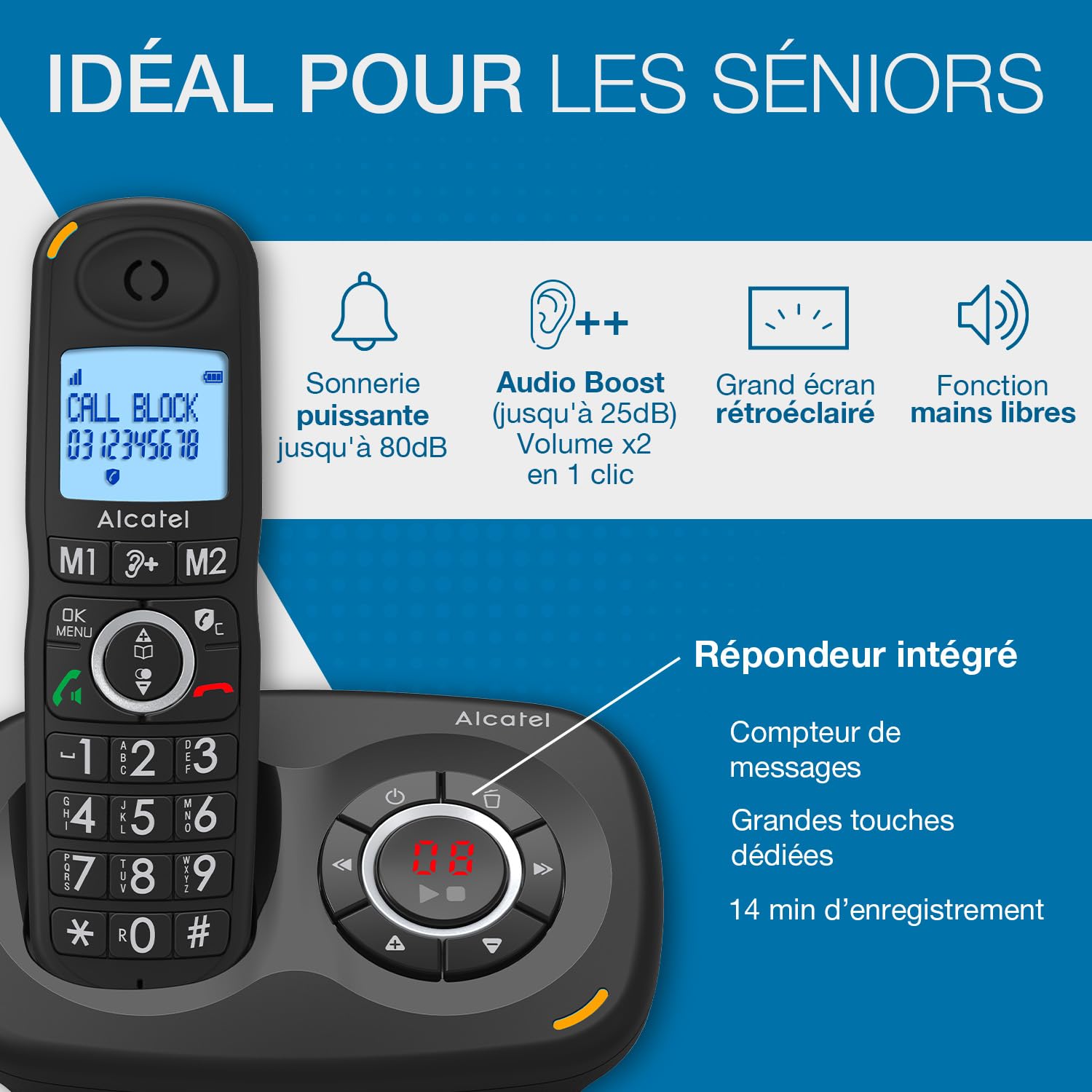 ALCATEL XL595 B Voice - Téléphone Fixe Sans Fil Senior Avec Répondeur - Grand Écran Rétroéclairé - Mains Libres - Fonction Blocage Des Appels - Audio Boost - Répondeur 14 Min - Noir