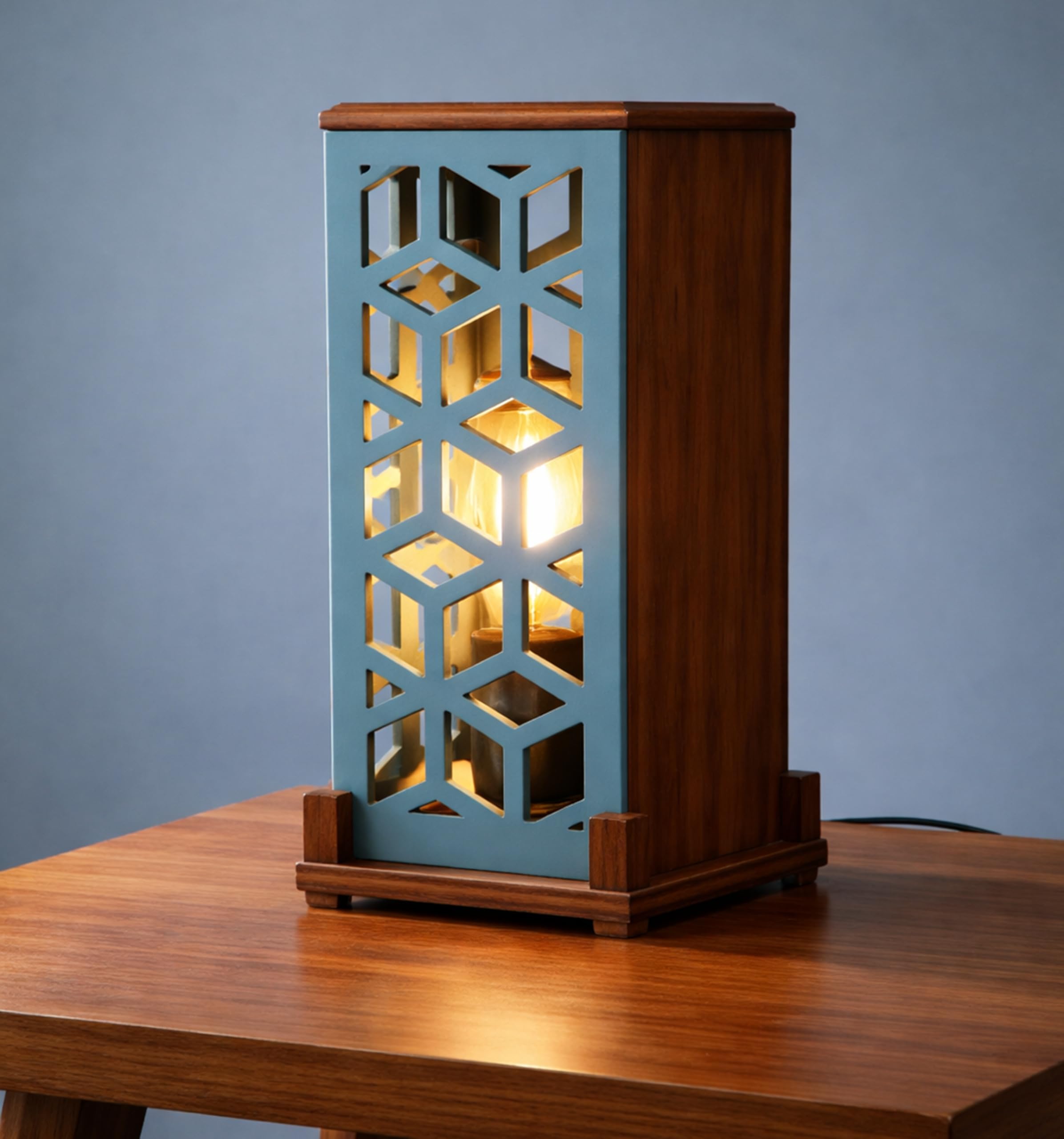Ayra Modern Wooden Table Lamp with Geometric Cut Design, Decorative Bedside Night Lamp for Living Room Bedroom, Warm Ambient Light, Brown & Blue, (10.5 x 5.5 x 5.5 Inches)-image-38