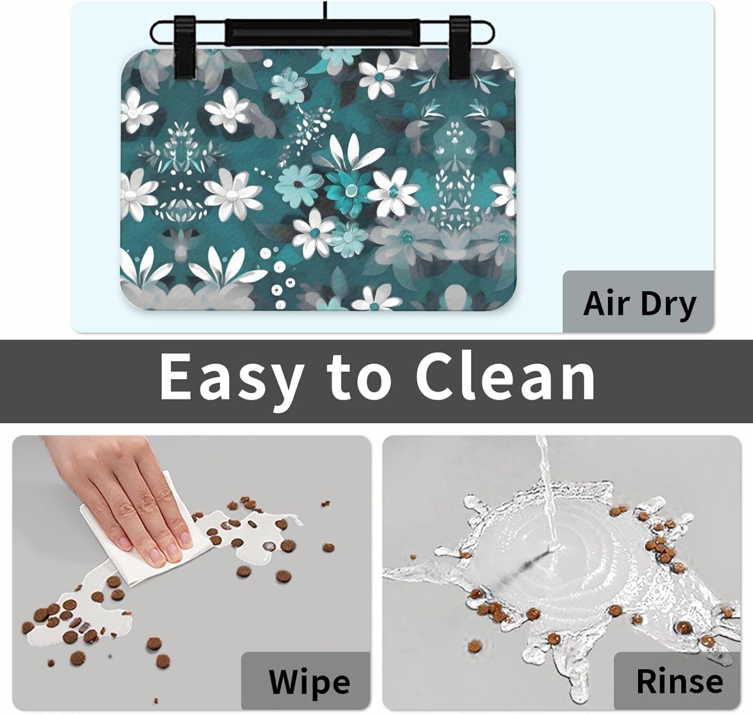 30x45cm Teal Grey and White Floral Print Pet Absorbent Feeding Mat - Quick Dry Food Pad/Leather Placemat, for Dog Cat Food Bowl Water