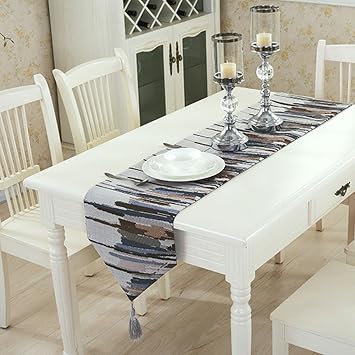 SIMPVALE Linen Cotton Multicolor Table Runner Modern Jacquard Dining Table Flags with Tassel Blue, 30cm*200cm