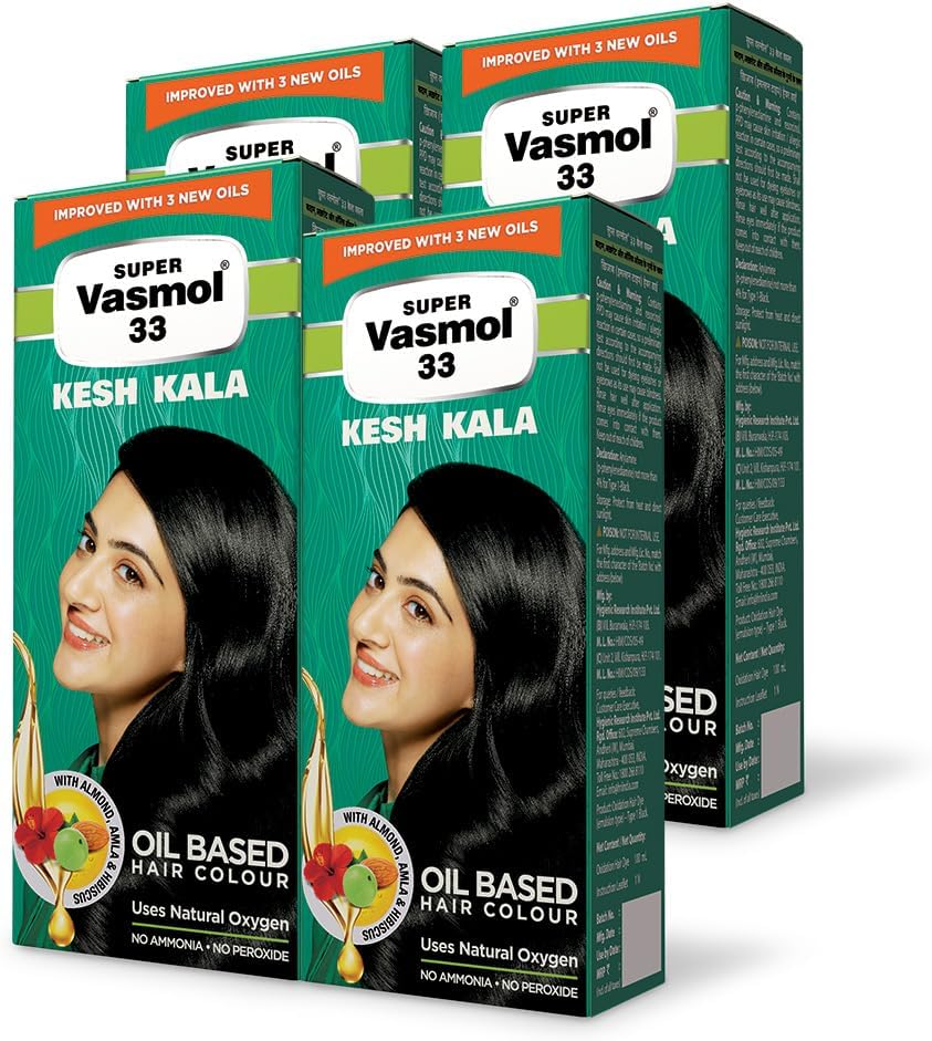 Vasmol Super 33 Kesh Kala 75Ml - Pack Of 4 I Black Colour I Oil Based Hair Colour I Improved With 3 New Oils I No Ammonia, No Peroxide