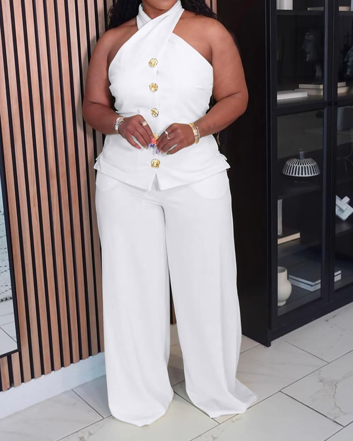 Womens Plus Size Two Piece Outfits Summer Button Halter Neck Vest Tank Tops Wide Leg Pants Suit Matching Sets