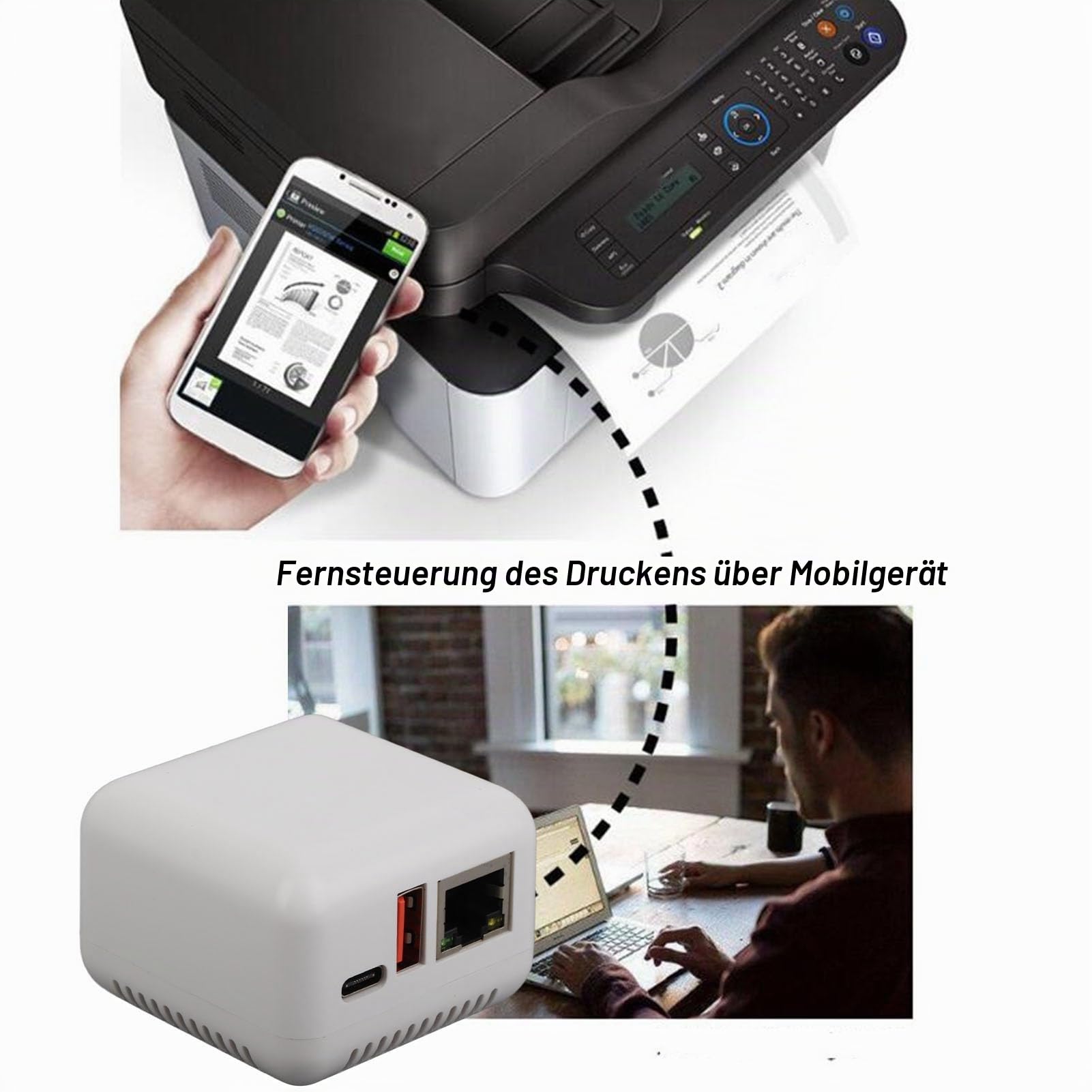 USB 2.0 Netzwerk Druckserver, LAN USB Druckserver Adapter mit Mehreren Schnittstellen, Verwandelt USB Drucker in Netzwerkdrucker, Gemeinsame Nutzung durch Mehrere Benutzer