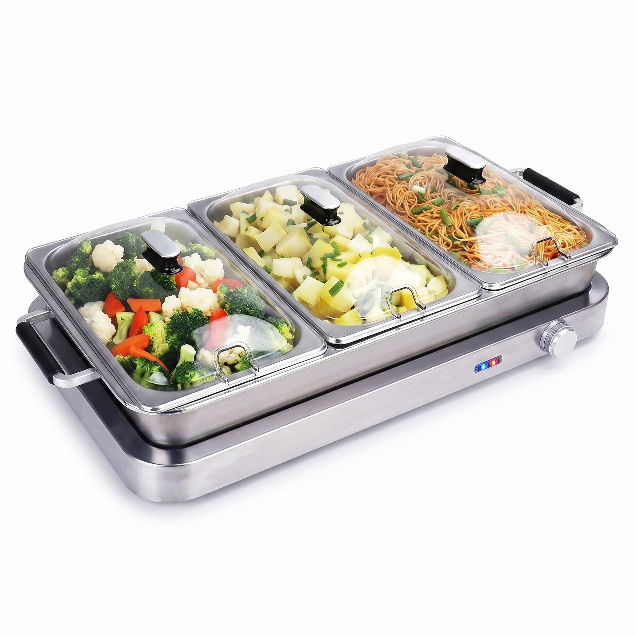Callow Large Stainless Steel Buffet Warmer - Warm Function, Stainless Steel Buffet Warmer, Hotplate, Food Warmer Server, 3 x 2.5L Large trays plus one Large Single Tray & 3 Serving Spoons Included