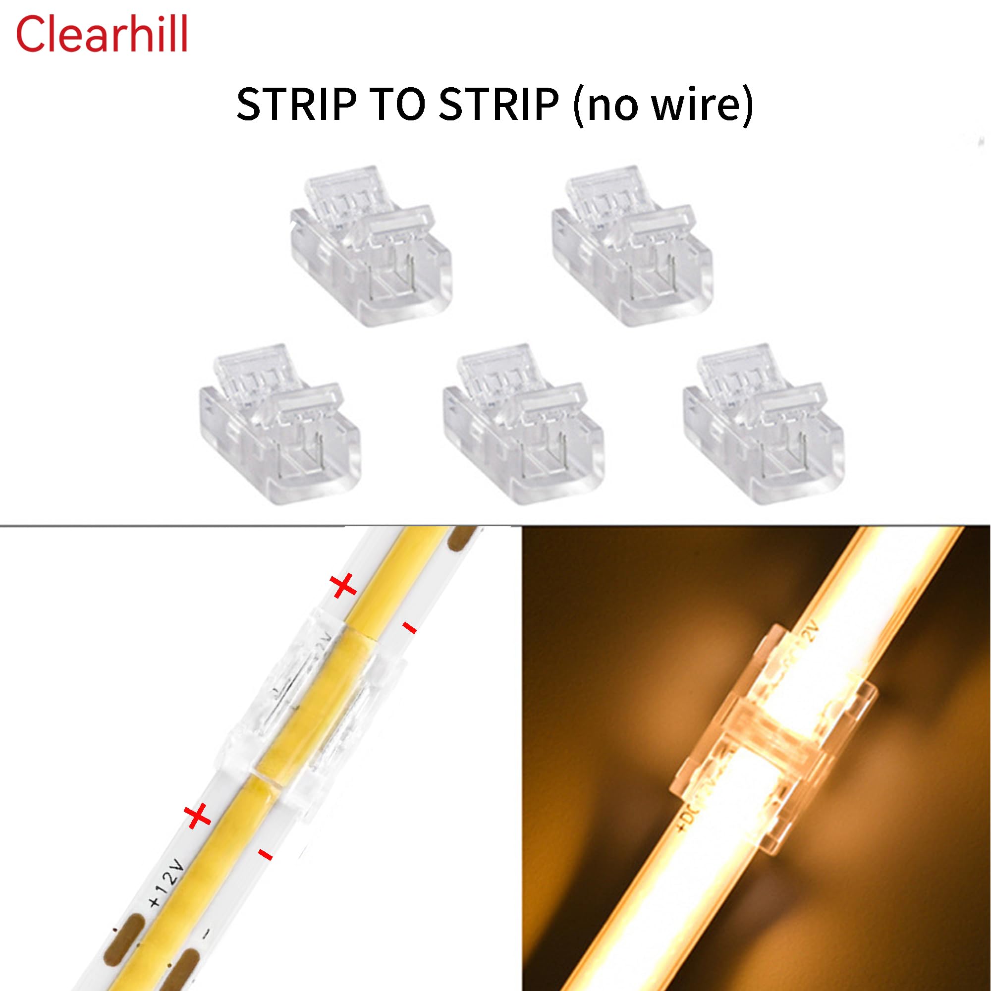 Clearhill 2Pin LED Light Strip Connectors,20Packs-10mm Solderless Quick Adapter for Single Color 5V/12V/24V LED Strips-Durable PVC & Copper,Transparent Terminal for Secure Connection - Image 3