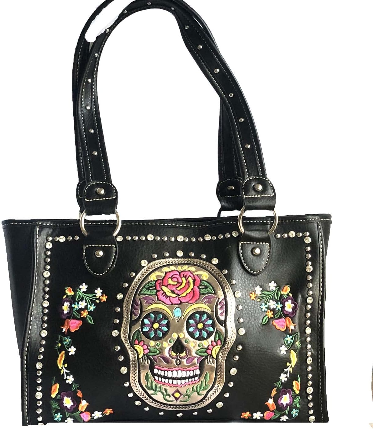 sugar skull day of the dead embroidery gun concealed carry handbag purse set (black)