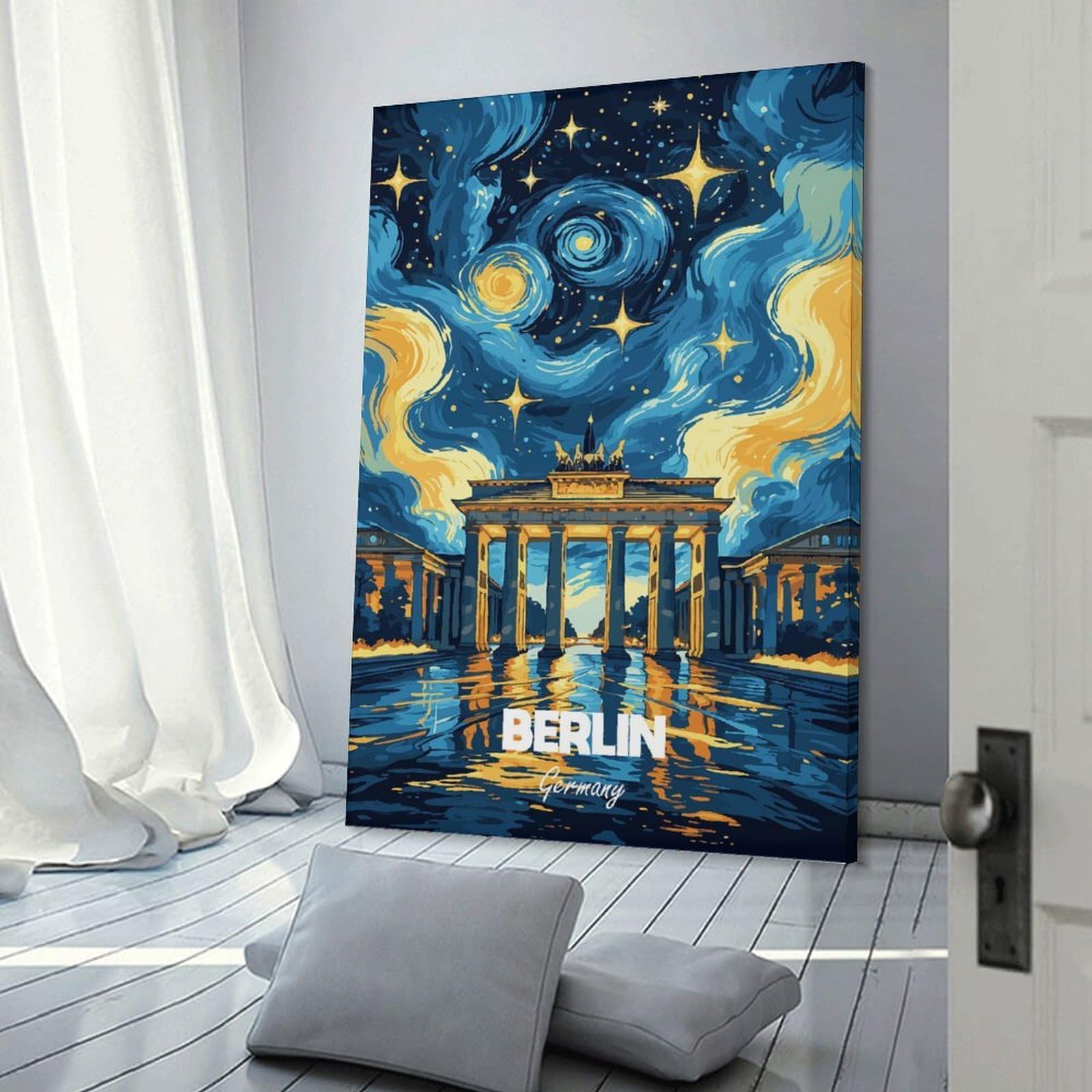 Junmoney Berlin Germany Starry Night Art(2) Canvas Wall Decor 24x36inch(60x90cm), for Corridors, Hallways Or Apartment Entries, A Stylish Accent for Home Entrances
