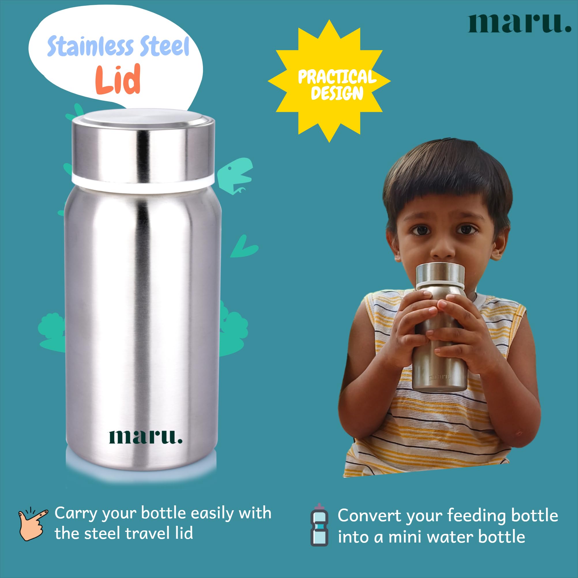 MARU 3 in 1 Baby Feeding Bottle Steel | Baby Milk Bottle Steel Multifunctional Baby Bottle -Sipper, Nipple, Travel Lid, Straw with Cleaning Brush 350 ML (for 3+ Months Baby) (Blue, 350ml) - Image 4 thumbnail