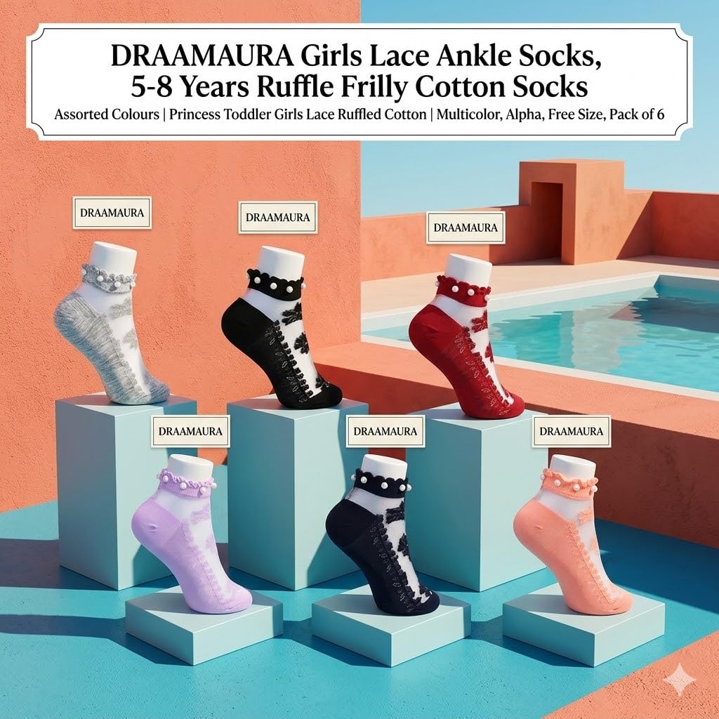 DRAAMAURA Girls Lace Ruffle Ankle Socks Pack of 3 Pair Soft Cotton Frilly Princess Socks for Girls 5 to 8 Years Breathable Assorted Colours for School Party Casual Everyday Wear Multicolor 4
