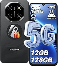 Blackview Shark 6 Telephone Portable 5G, Smartphone Pas Cher 6.88'' HD 120Hz, Android 15, Unisoc T8100, 12GB+128GB/2TB TF, 5000mAh, 16MP+8MP, Smartphone 5G Dual SIM/OTG/NFC/Face ID/Fingerprint