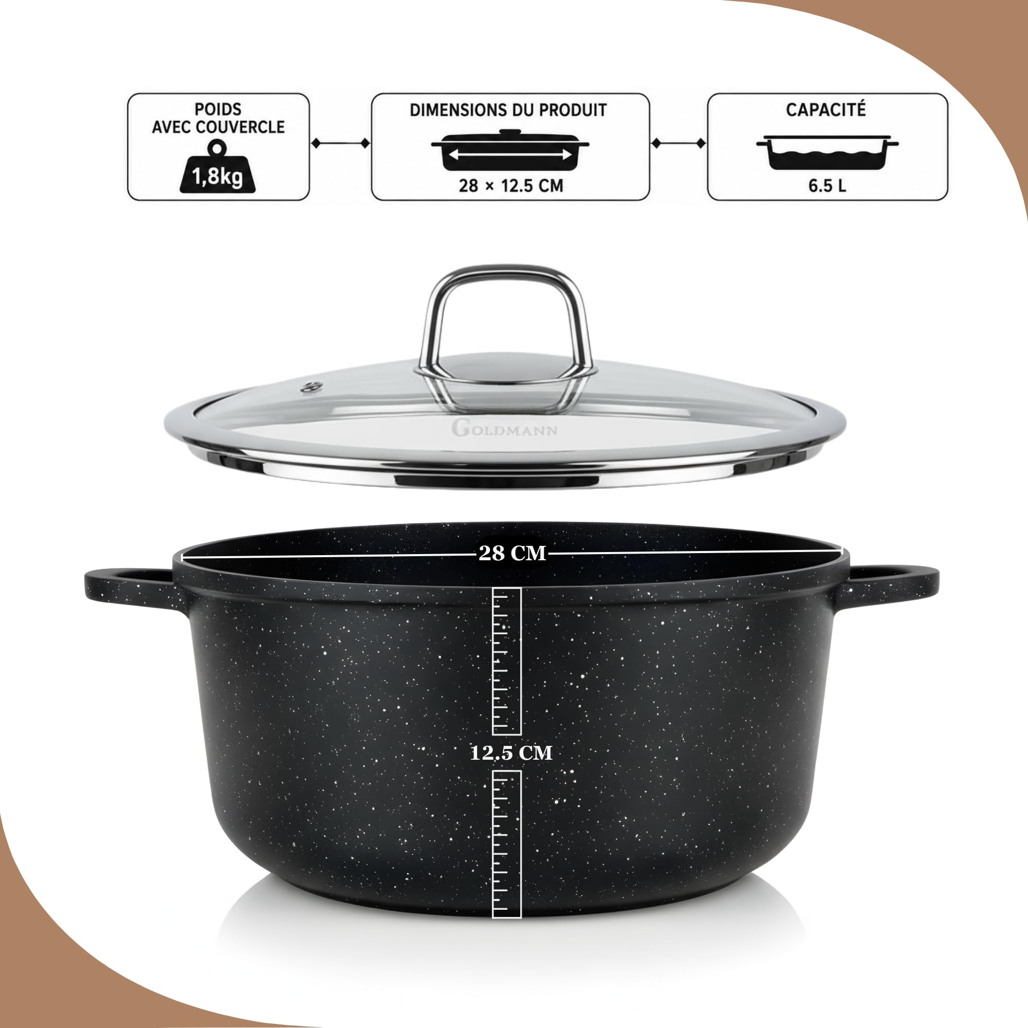 GOLDMANN en cocotte aluminium, 28 cm - 6.5 L, revêtement antiadhésif en céramique effet marbre, couvercle en verre, compatible induction et tous feux, passe au four et sans PFOA