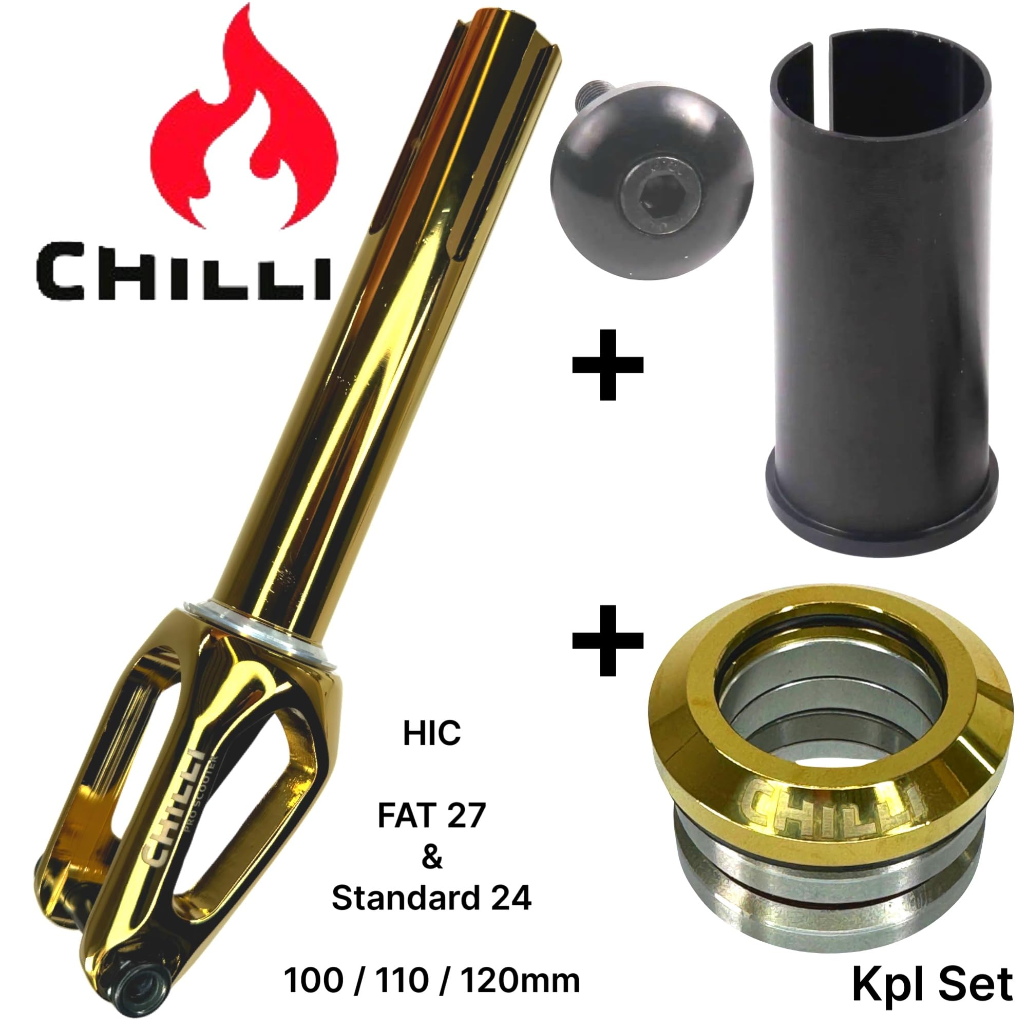Chilli Pro Scooters Slim Cut Trottinette Stunt Fork HIC Kit complet avec jeu de direction Trick Roller Fourche de tuning de rechange Convient pour roues de 100 I 110 I 120 mm Couronne chromée dorée