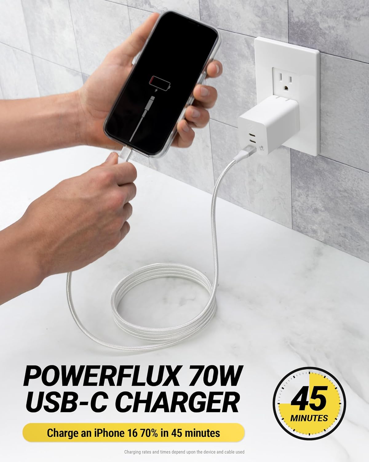 Scosche PowerFlux 70W USB-C Charger Block, 3-Port Fast Charging GaN Wall Adapter with Foldable Plug, Power Delivery Home & Travel Charger Compatible with iPhone 17/16, iPad, MacBook, Galaxy S25