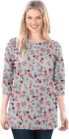 Woman Within Perfect Printed Long-Sleeve Crewneck Tee