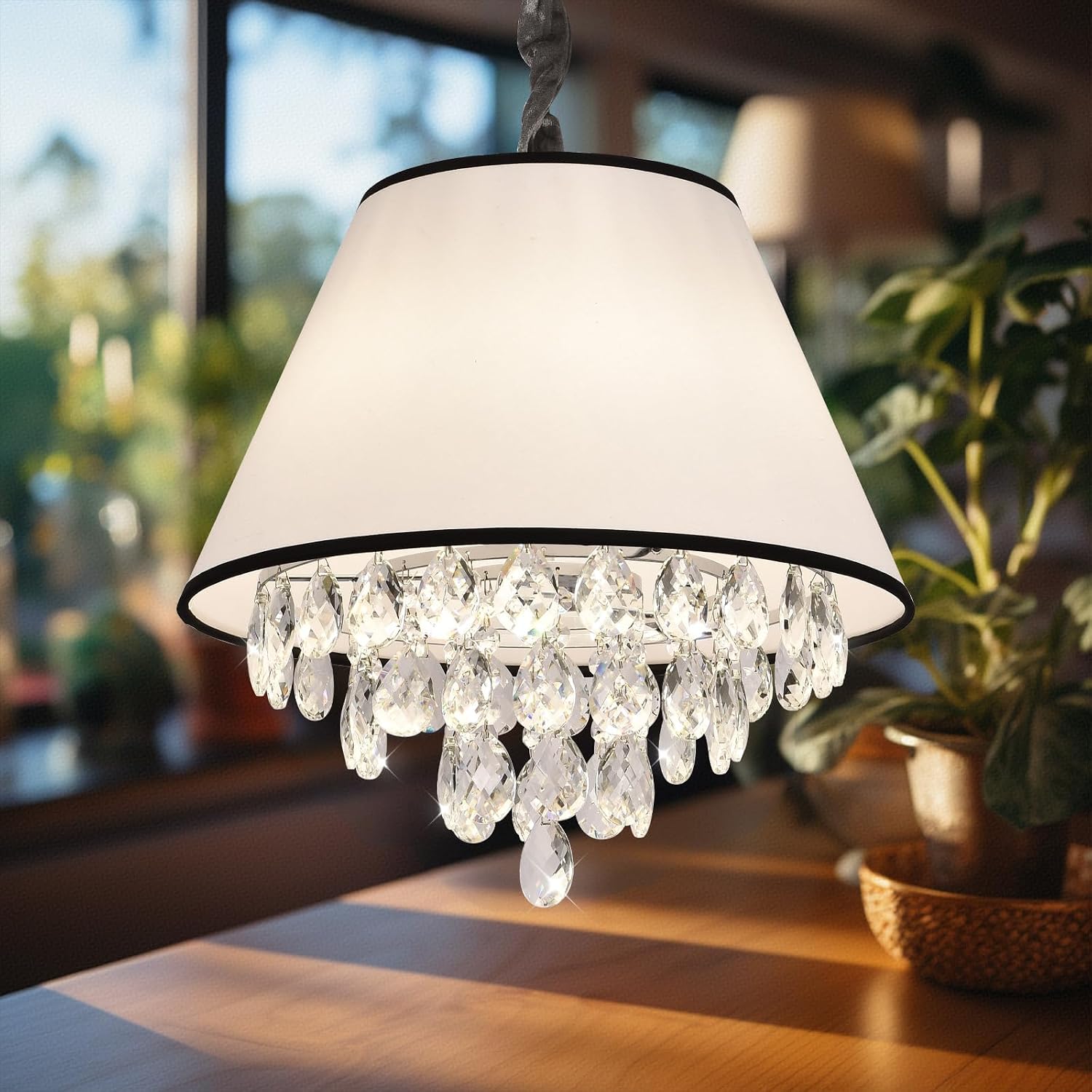 Crystal Pendant Lamp Round Linen Chandelier, Adjustable Height,E12 Bulb, Living Room, Foyer, Bedroom, Kitchen Island Lighting Fixture, Contemporary Style Elegant Lighting (6/380white+Black)