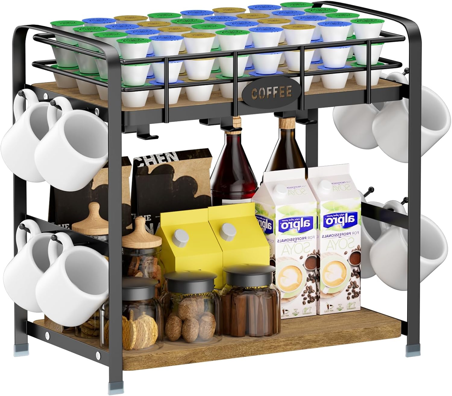 Coffee Cup Holder 2 Tier Coffee Bar Organizer Mug Tree Mug Stand Rack for Countertop Coffee Pod Holder Kitchen Storage Kcup Holder on Top Cup Organizer with 14 Hooks