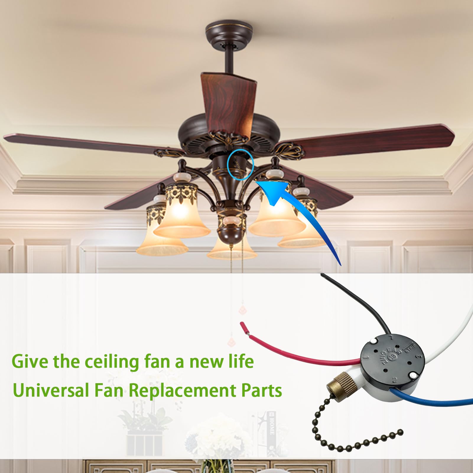 YukiHalu Ceiling Fan Pull Chain Switch 3 Speed 4 Pre-Install -2