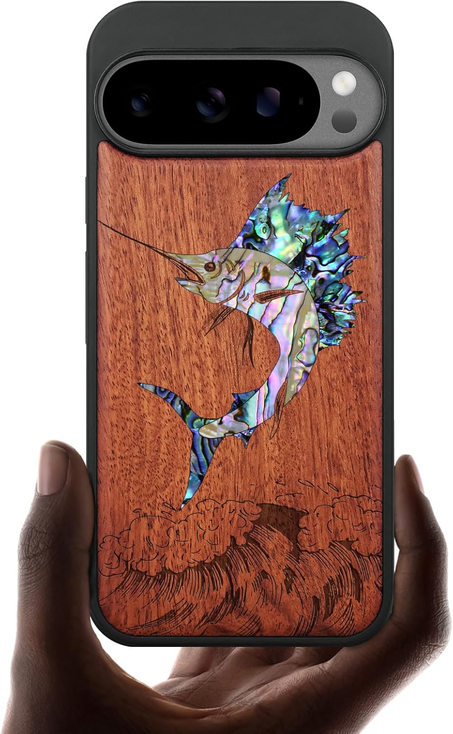 Carveit Magnetic Wooden Case for Pixel 10 / Pixel 10 Pro Case, Wood Artisan Engraved & Handmade Shell Inlaid, Compatible with MagSafe Wireless Chargers, Soaring Marlin - Rosy