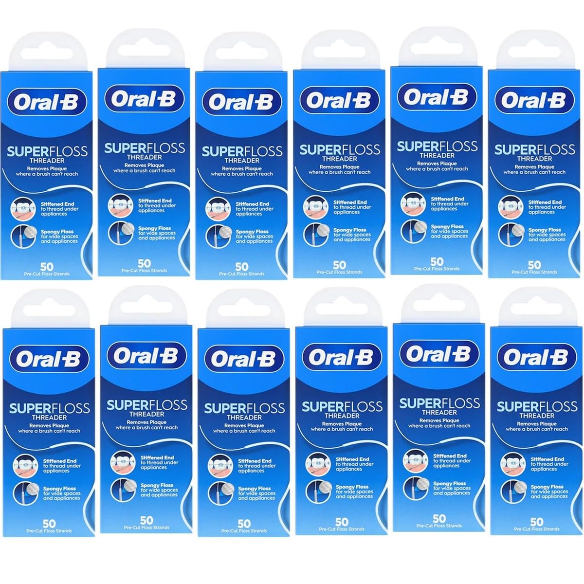 Oral-B Super Floss Pre-Cut Mint Strands,Threaders 50 Count per Pack, Pack of 12