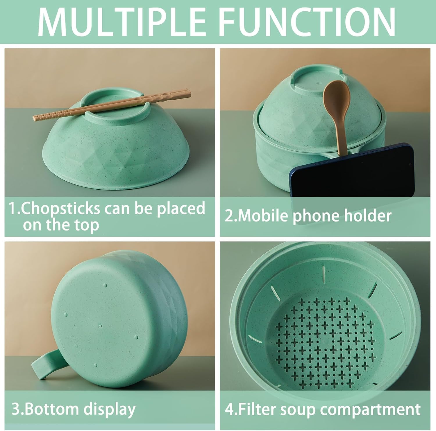 1 Set Microwave Ramen Cooker 40oz Wheat Straw Microwave Noodle Bowl Set with Chopsticks, Spoon, Fork, College Dorm Office Apartment Essentials (Light Green) thumbnail