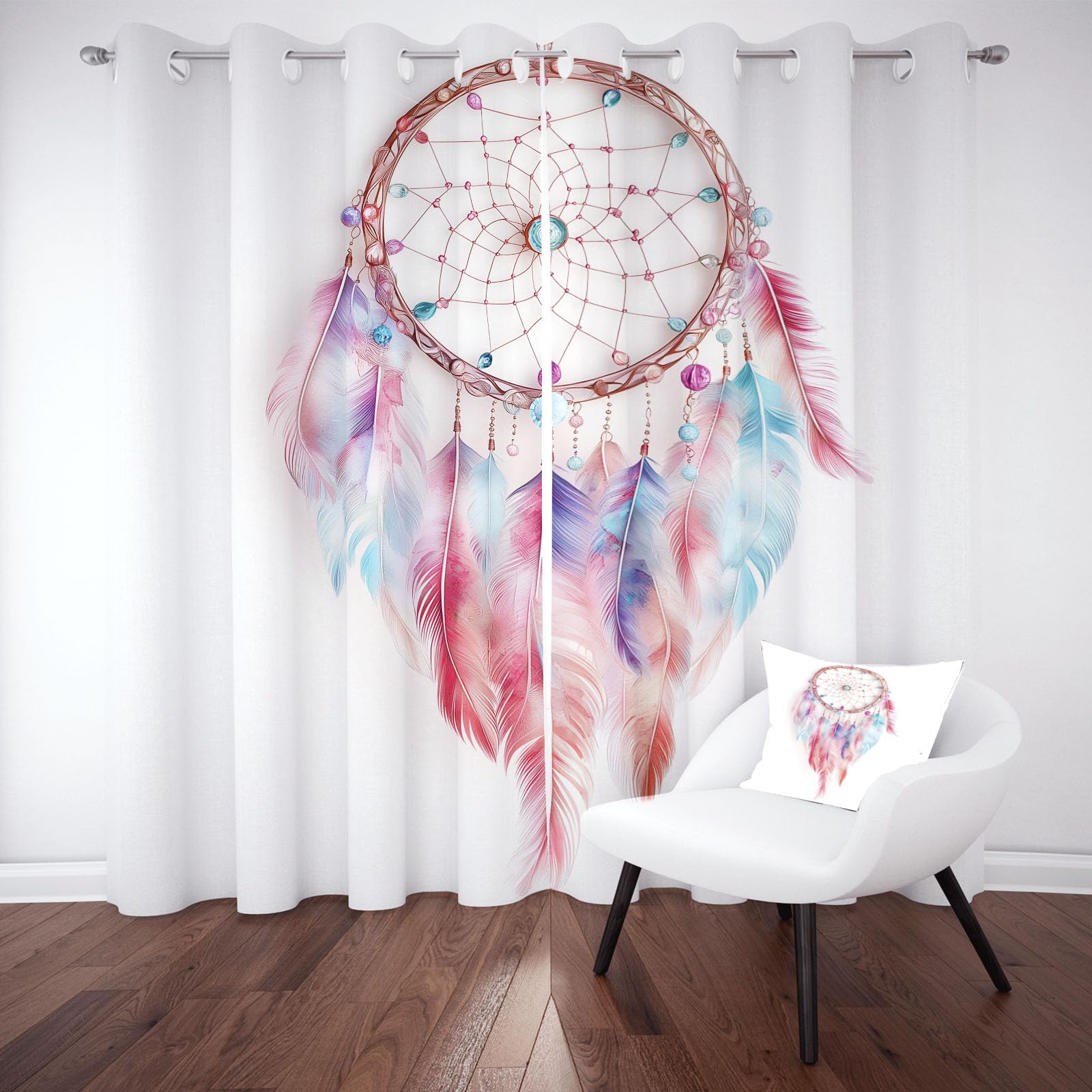 Bunt Traumfänger Thermo Vorhang mit Ösen, Tiere Feder Gardinen Blickdicht, Lärmschutzvorhang, Moderne Ästhetik Verdunklungsvorhänge Schlafzimmer, Curtains Living Room 2er Set 137x117 cm