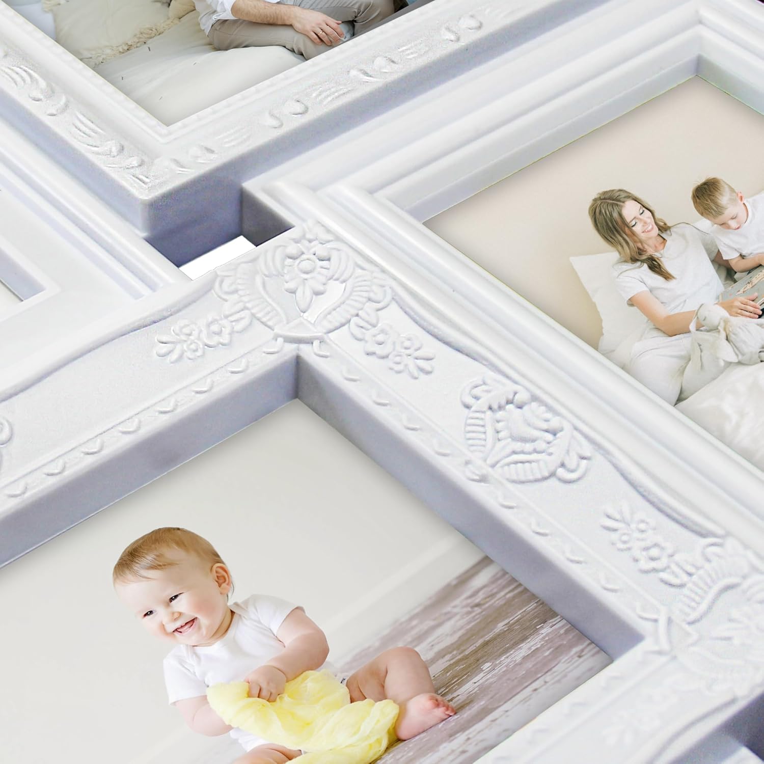 HELLO LAURA - Photo Collage Frames for Wall White Curved Classic European Style 12 Opening 27" x 20.5" Wall Hanging Picture Frame Collage 4" x 6" Photo Sockets x 12 | Gallery Style