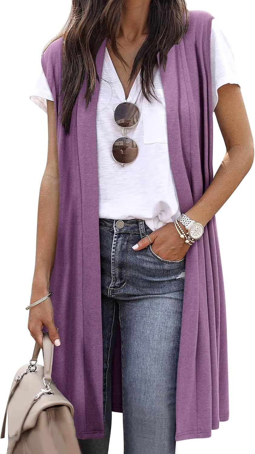 ZXZY Long Vest for Women Sleeveless Knit Cardigan Open Front Draped Sweater Duster Casual Lightweight Outwear Vests