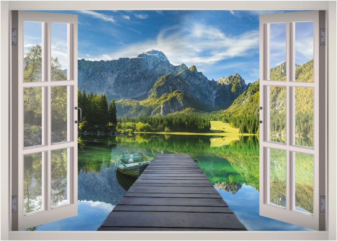 Lake Landscape View Window 3D Wall Decal Art Removable Wallpaper Mural Sticker Vinyl Home Decor West Mountain™ W173 (Large (49''W x 35''H))