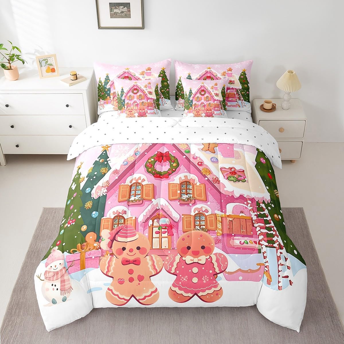 Pink Gingerbread House Comforter Set Bed in a Bag 7 Pieces Full,Xmas Gingerbread Man Candy Bedding Set,Watercolor Winter Christmas (Comforter+Fitted+Flat Sheet+2 Pillowcases+2 Throw Pillow Covers)